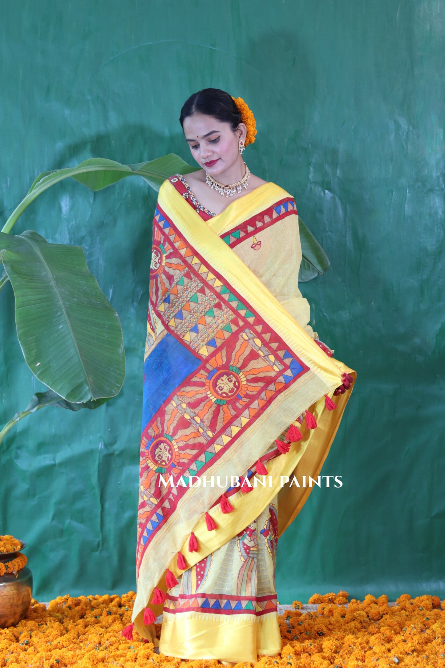 Chhath Puja Handpainted Madhubani Handloom Cotton Saree Blouse Set
