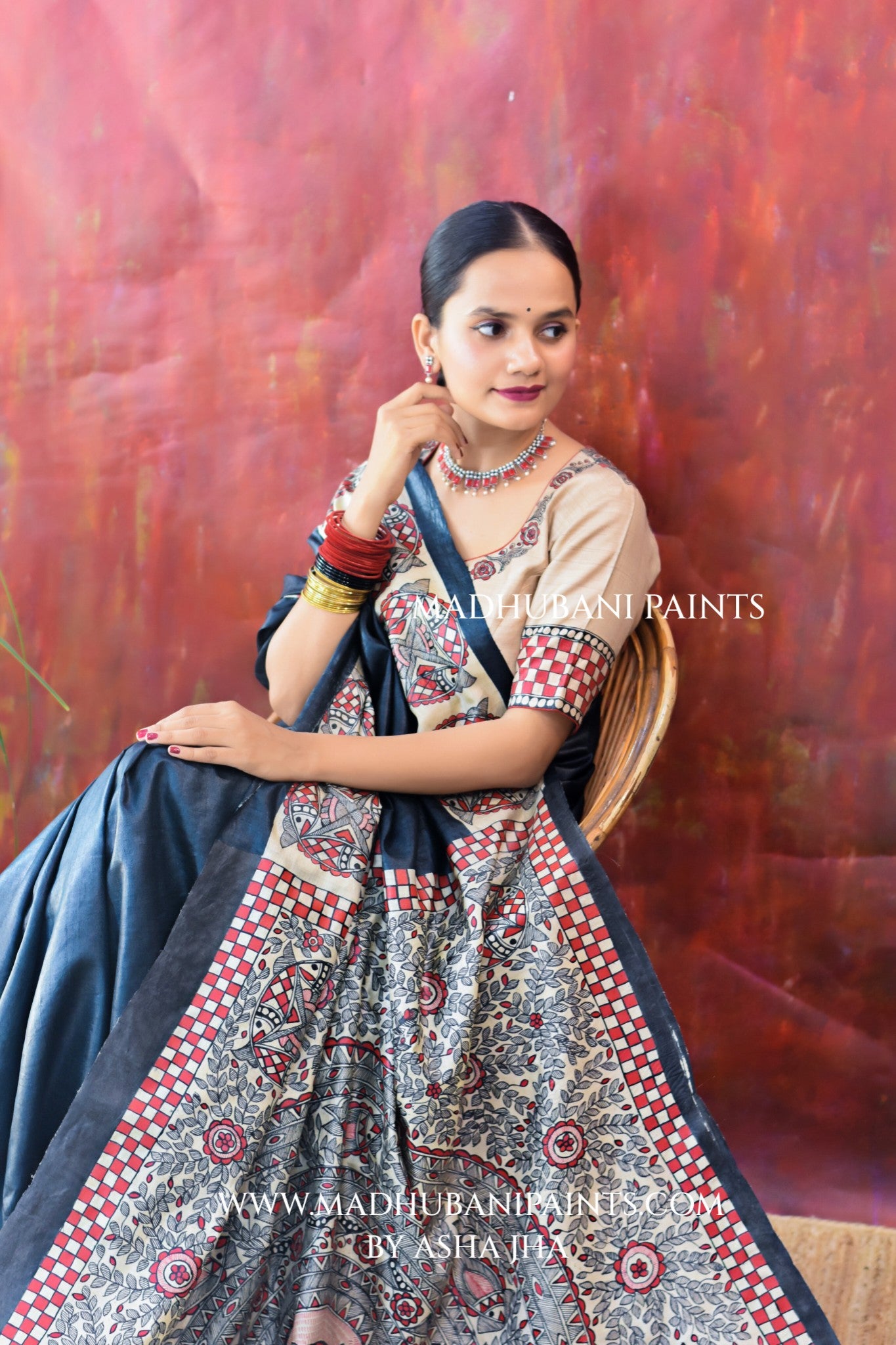 SAMUNDRAMAYI Hand-painted Madhubani Tussar Silk Saree Blouse Set