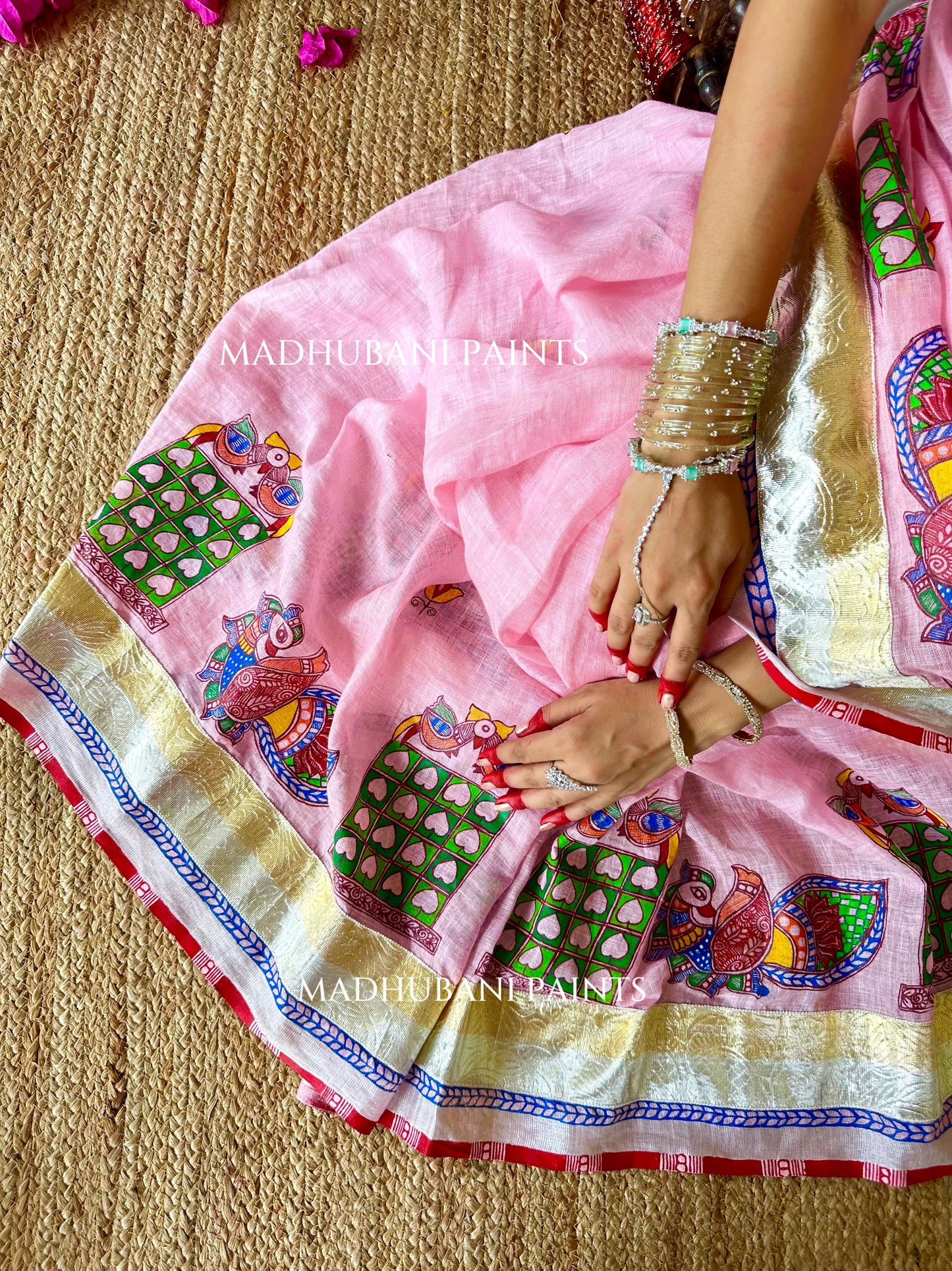 Gulabi Bridal Hand-painted Madhubani Painting Saree