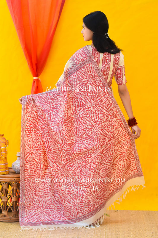Laal Patta Handpainted Tussar Silk Saree
