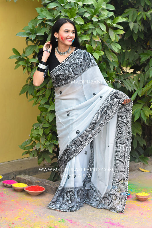 KUSUMAKAR Hand-painted Madhubani Chiffon Saree