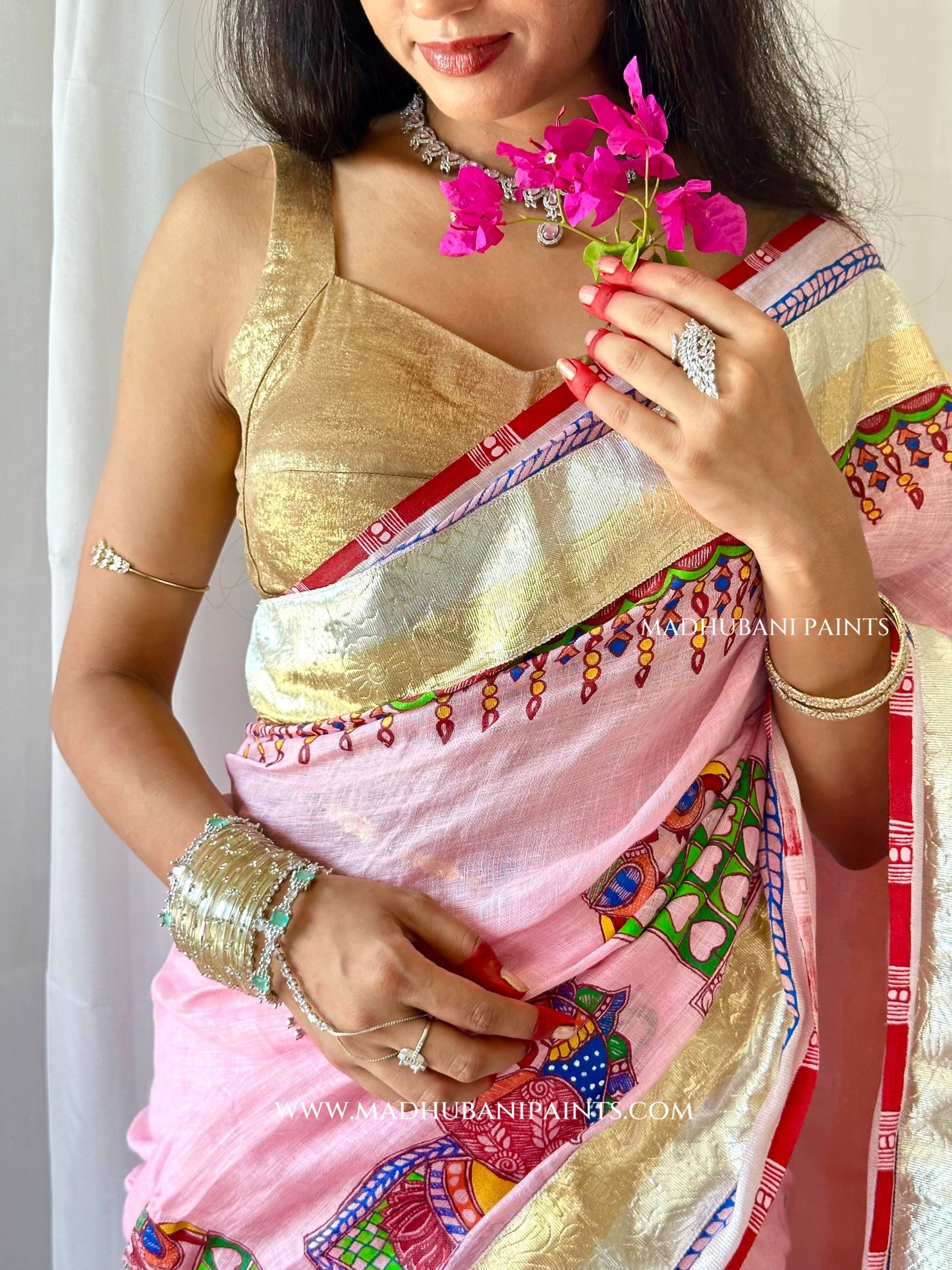 Gulabi Bridal Hand-painted Madhubani Painting Saree Blouse Set
