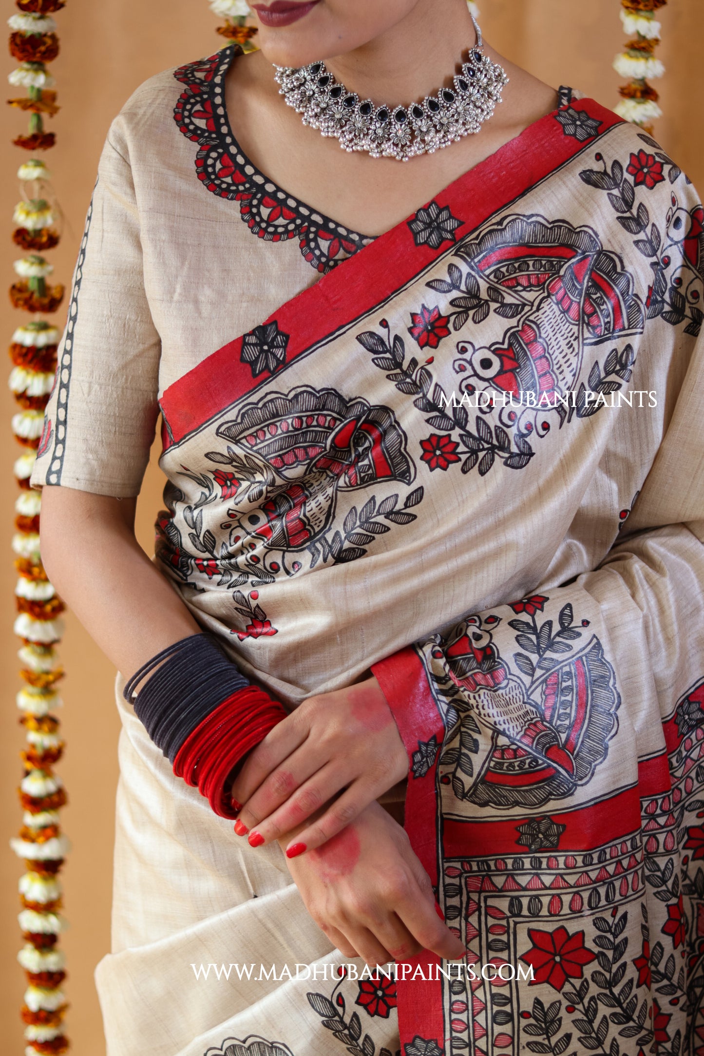 'MORNI' Handpainted Madhubani Tussar Silk Saree Blouse Set
