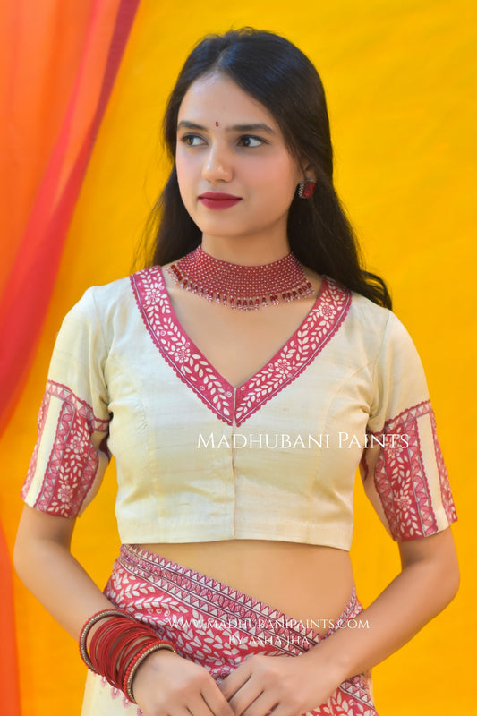 Laal Patta Handpainted Tussar Silk Saree Blouse