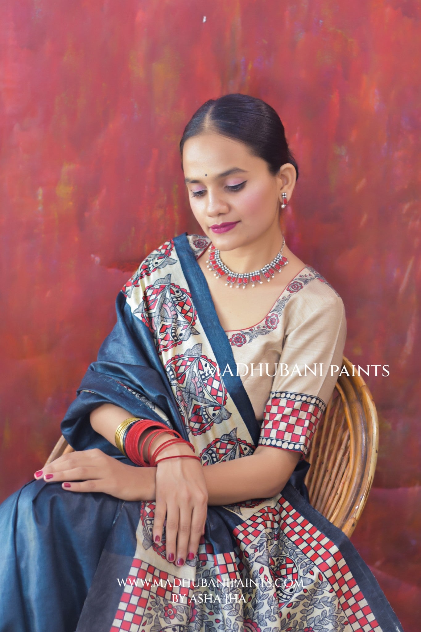 SAMUNDRAMAYI Hand-painted Madhubani Tussar Silk Saree Blouse Set