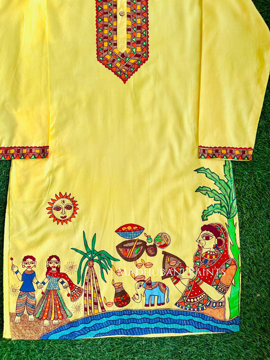 Yellow Chhath Puja Hand-painted Madhubani Men's Cotton Kurta