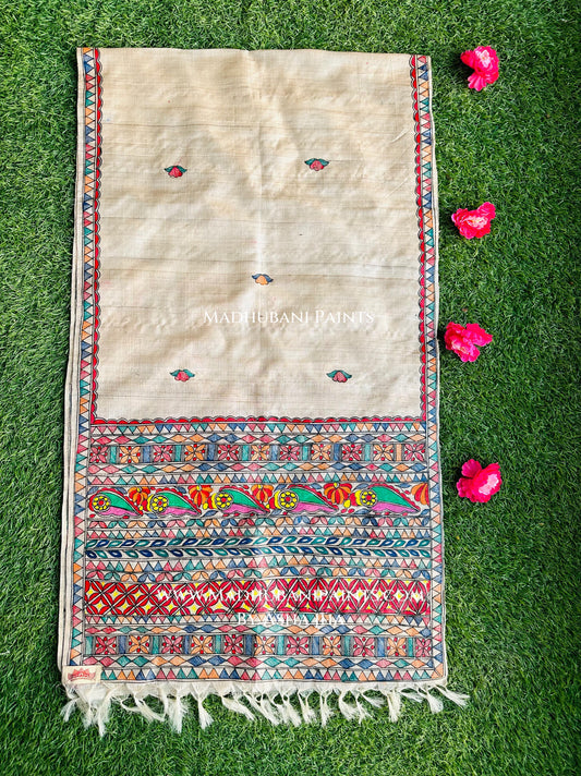 Beige Saankh Border Tussar Silk Stole