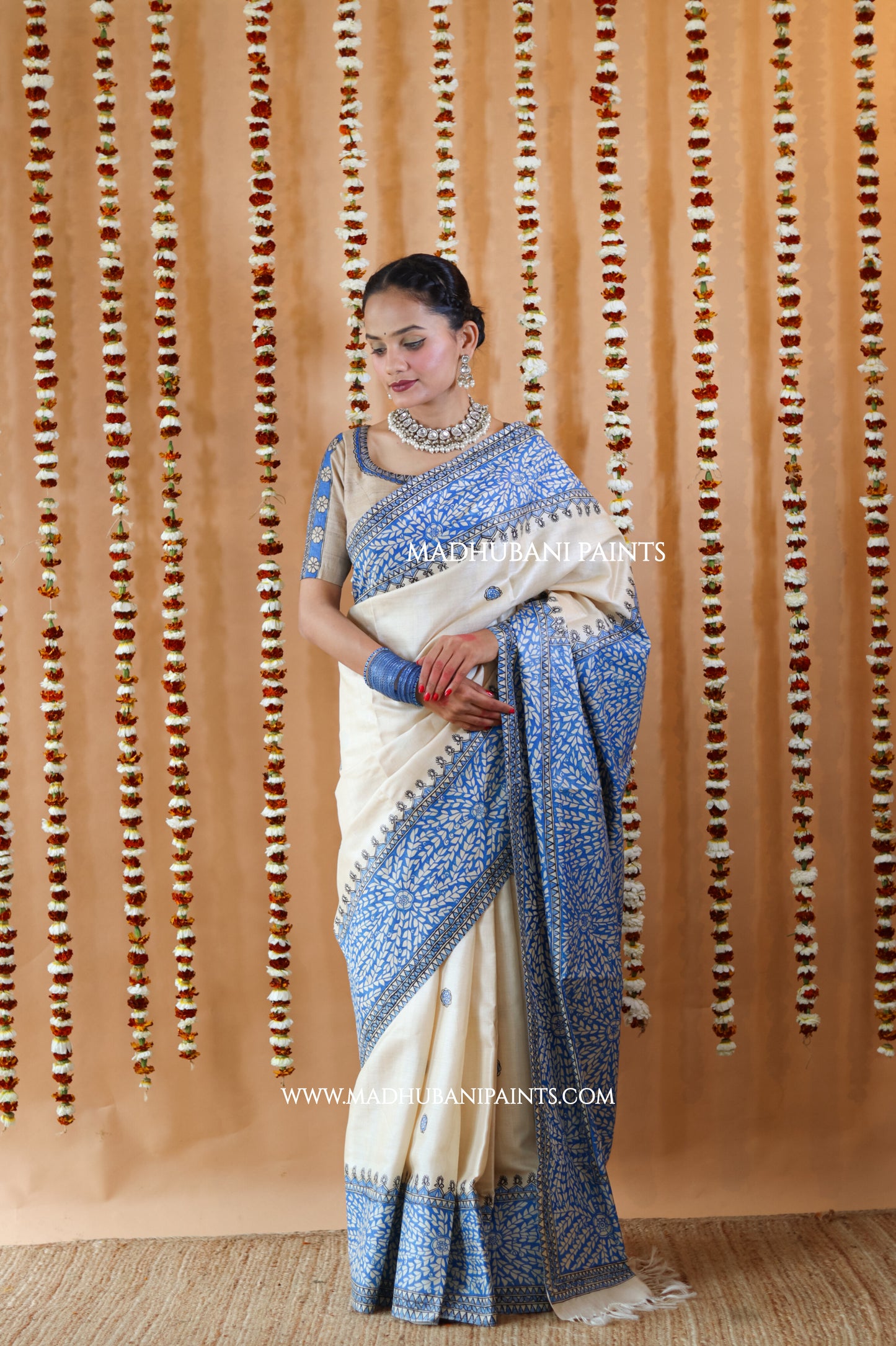 Blue Patta Handpainted Tussar Silk Saree Blouse Set
