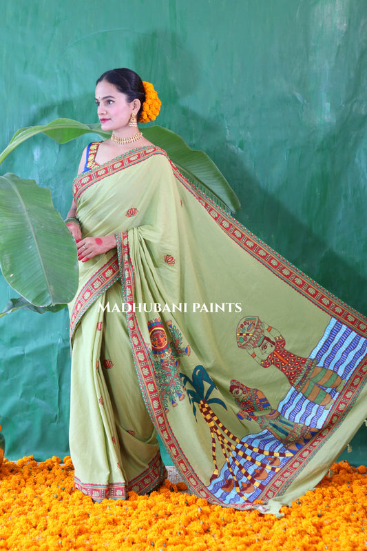 BHAKTI BHAVA Chhath Puja Hand painted Madhubani Mul Cotton Saree