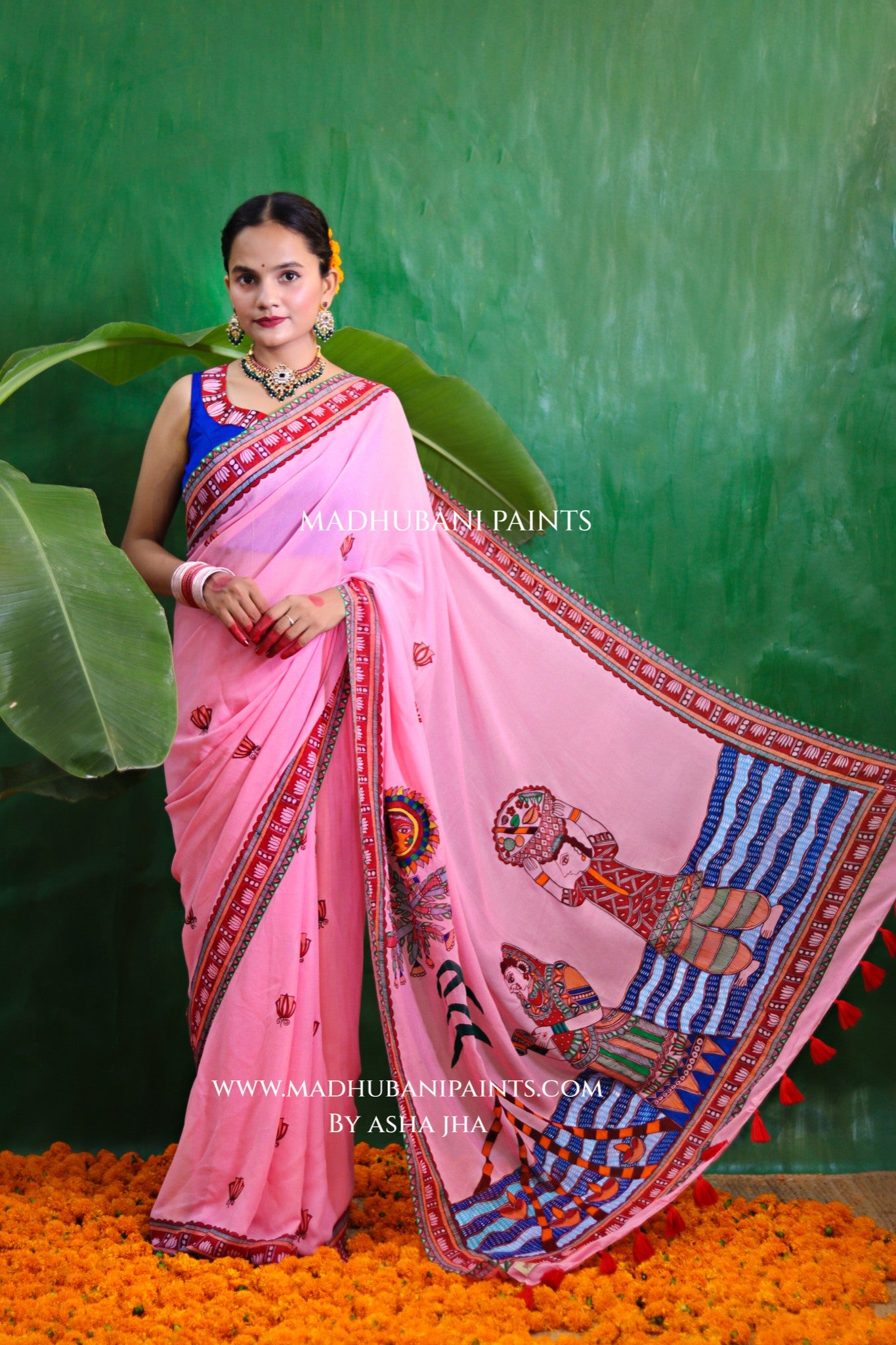 GULABI BHAKTI BHAVA Chhath Puja Hand painted Madhubani Georgette Saree Blouse Set