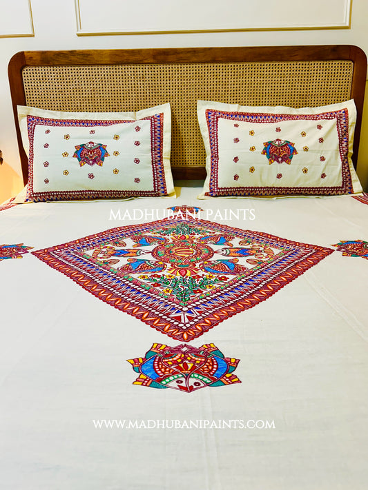 MATSYA JAAL Hand-painted Bedsheet With Pillow Cover