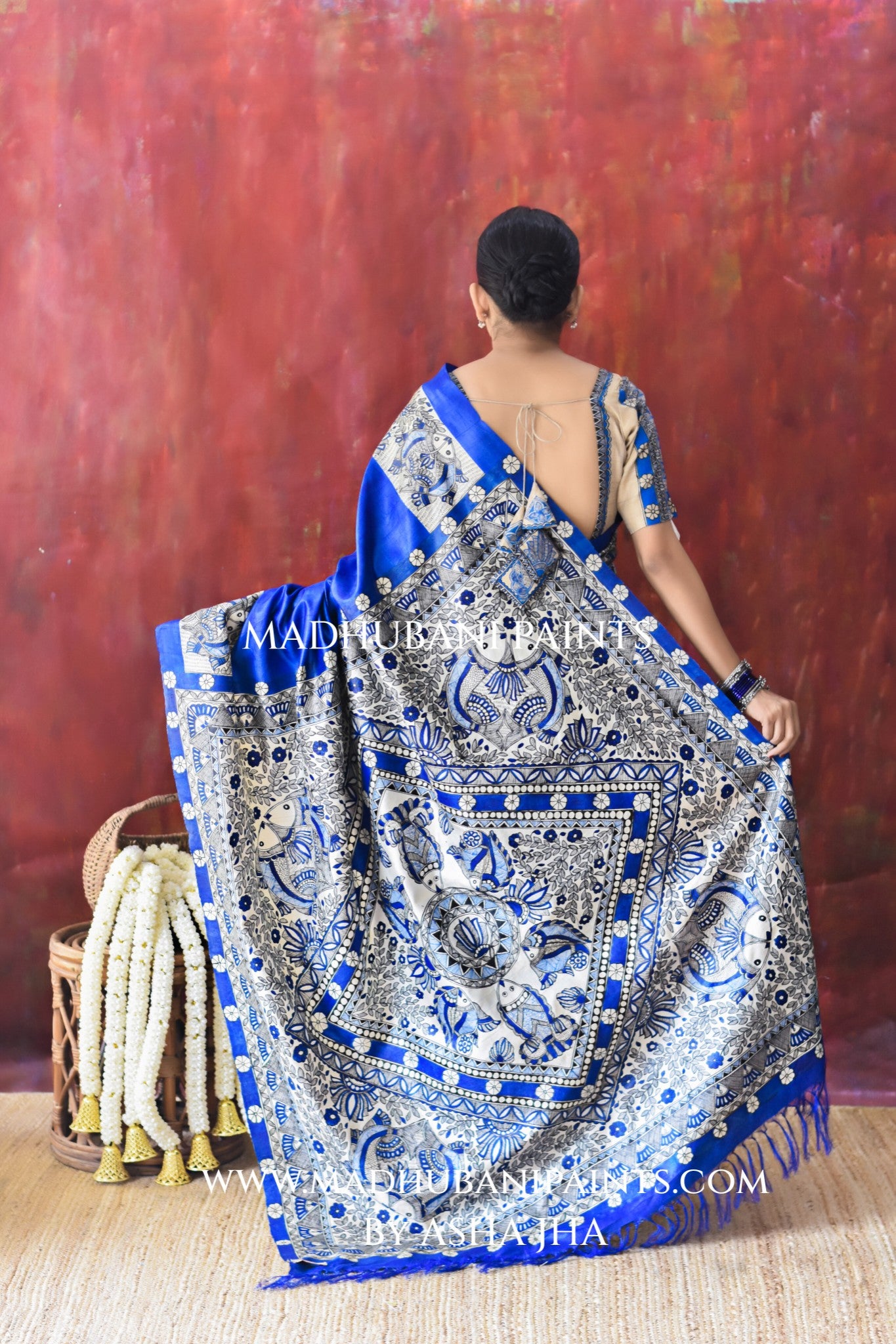 'SAUNDARYA' Hand-painted Madhubani Tussar Silk Saree Blouse Set