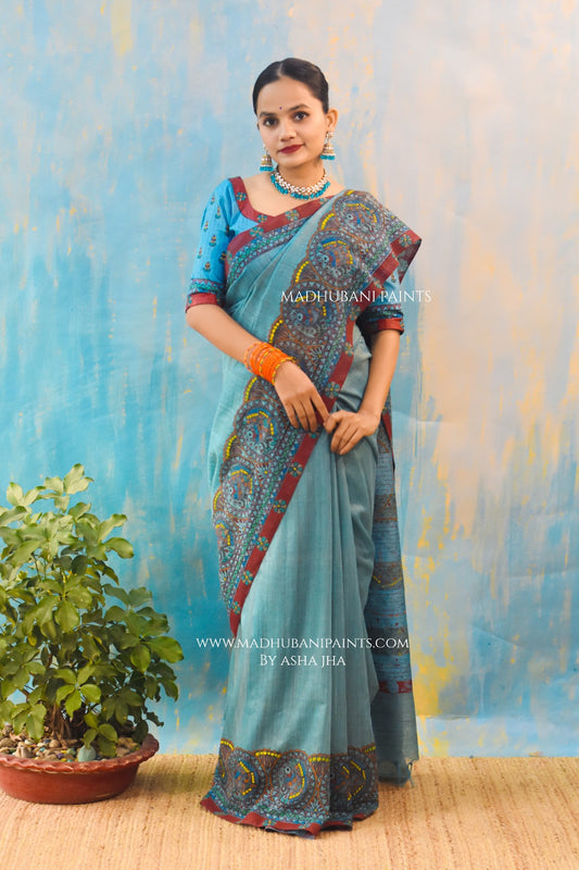 AASMANI MAYURI Handpainted Madhubani Chanderi Saree Blouse Set