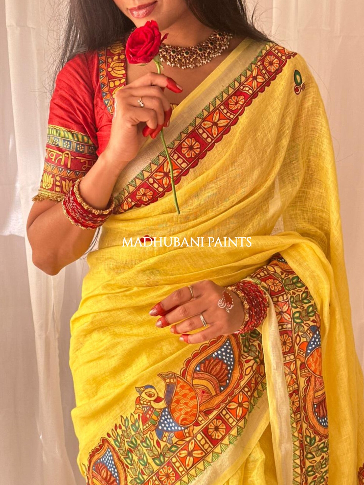 Linen Bridal Hand-painted Madhubani Painting Saree Blouse Set