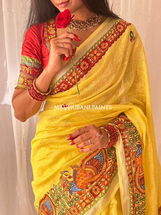 Linen Bridal Hand-painted Madhubani Painting Saree Blouse Set