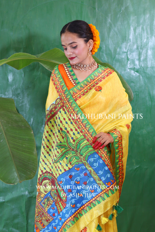VRATI Chhath Puja Handpainted Madhubani Tissue Linen Saree