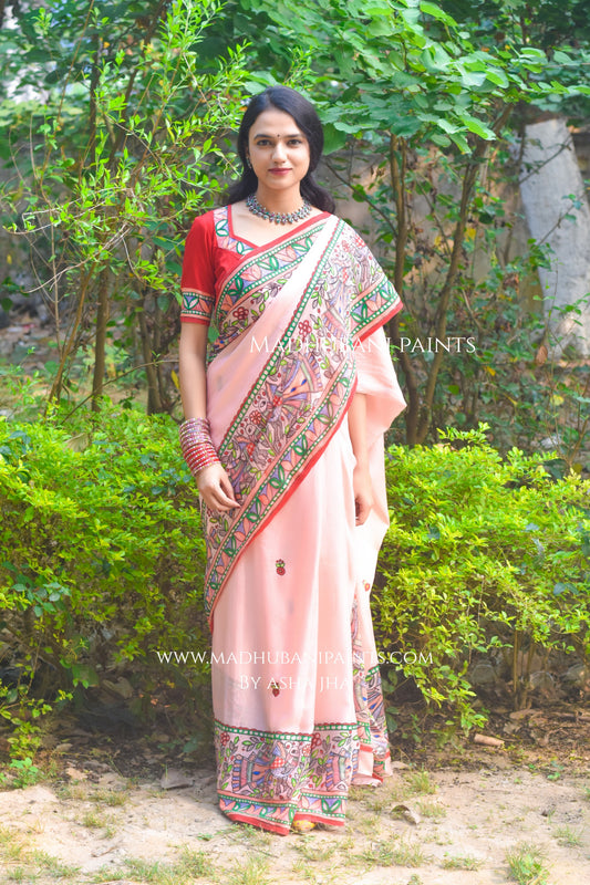 Gulabi Mor Hand-painted Madhubani Chiffon Saree