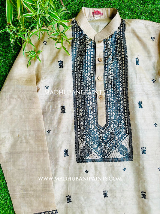 Mithila Kamal Matsya Leela Hand-painted Madhubani Men's Tussar Silk Kurta