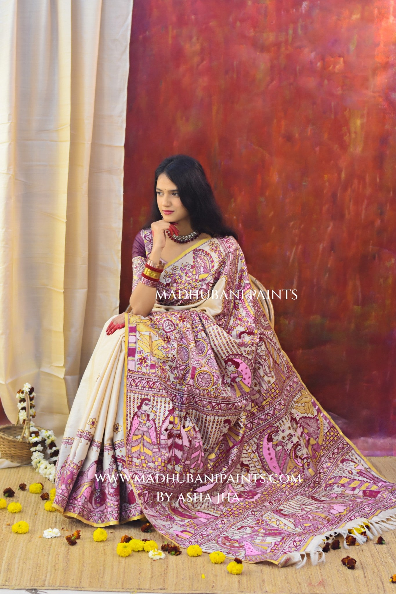 SUHAGIN Hand-painted Madhubani Tussar Silk Saree Blouse Set