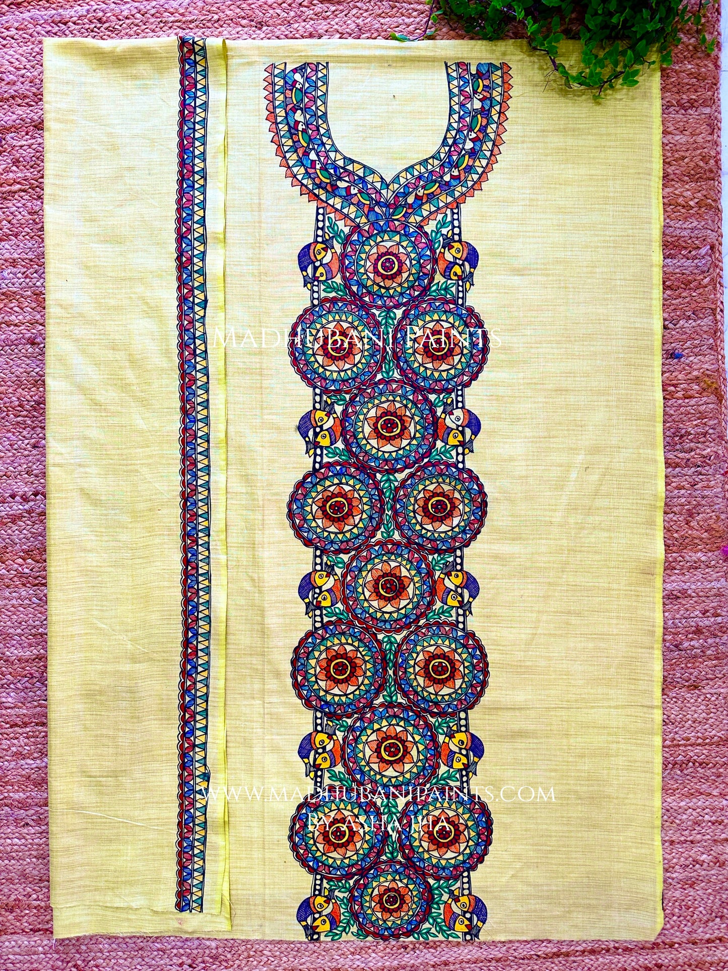 Phoolwari Matsya Hand-painted Madhubani Painting Cotton Unstitched Kurta Pant Dupatta Set