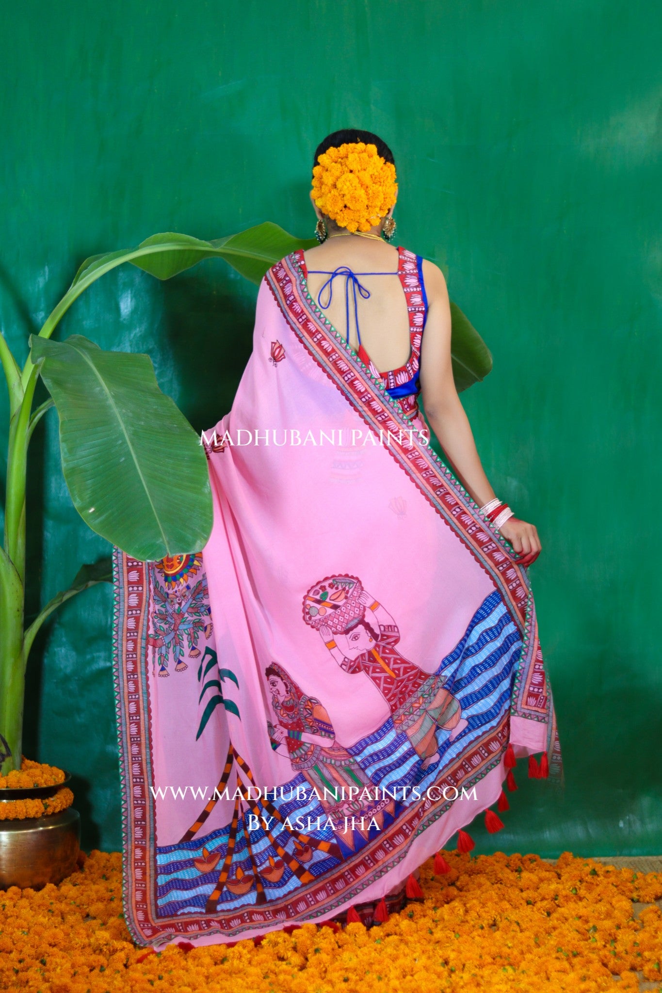 GULABI BHAKTI BHAVA Chhath Puja Hand painted Madhubani Georgette Saree Blouse Set