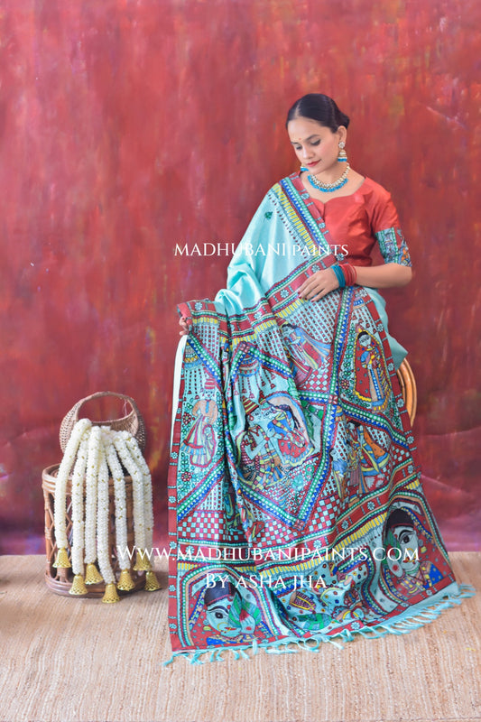 AASMANI MANGALYA Hand-painted Madhubani Tussar Silk Saree