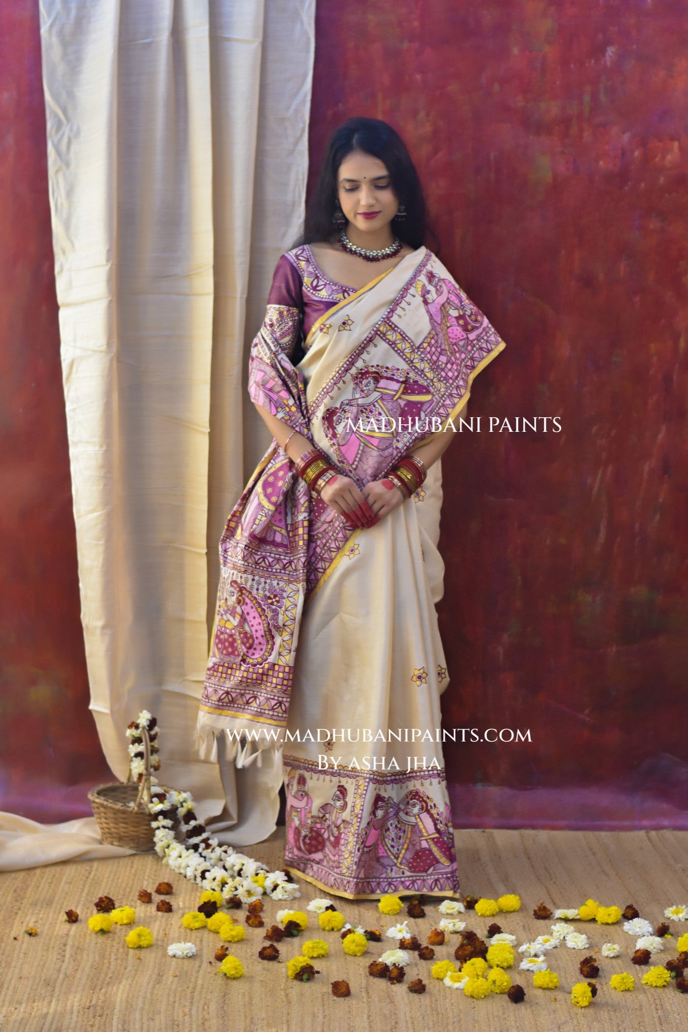 SUHAGIN Hand-painted Madhubani Tussar Silk Saree