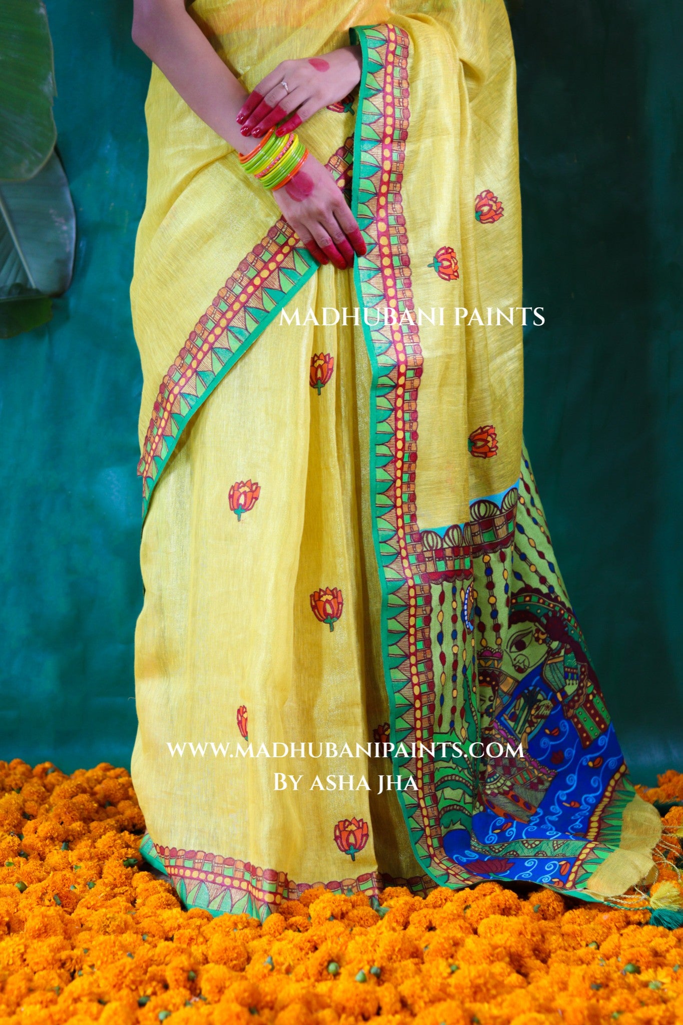 VRATI Chhath Puja Handpainted Madhubani Tissue Linen Saree