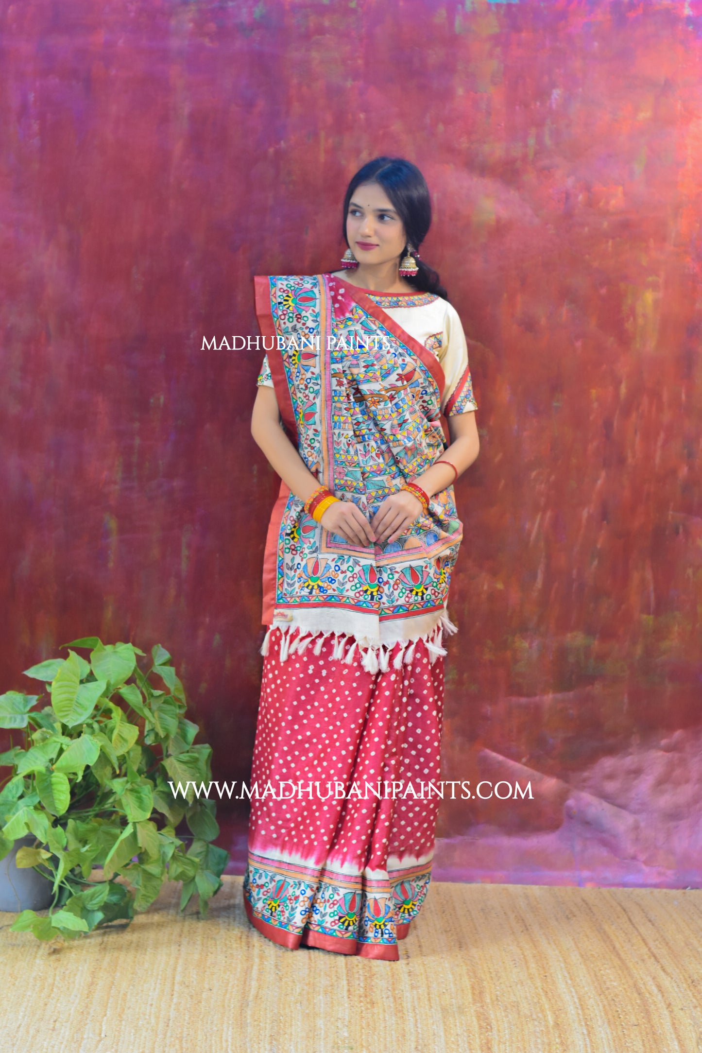 LAALI Handpainted Tussar Silk Bandhini Madhubani Saree