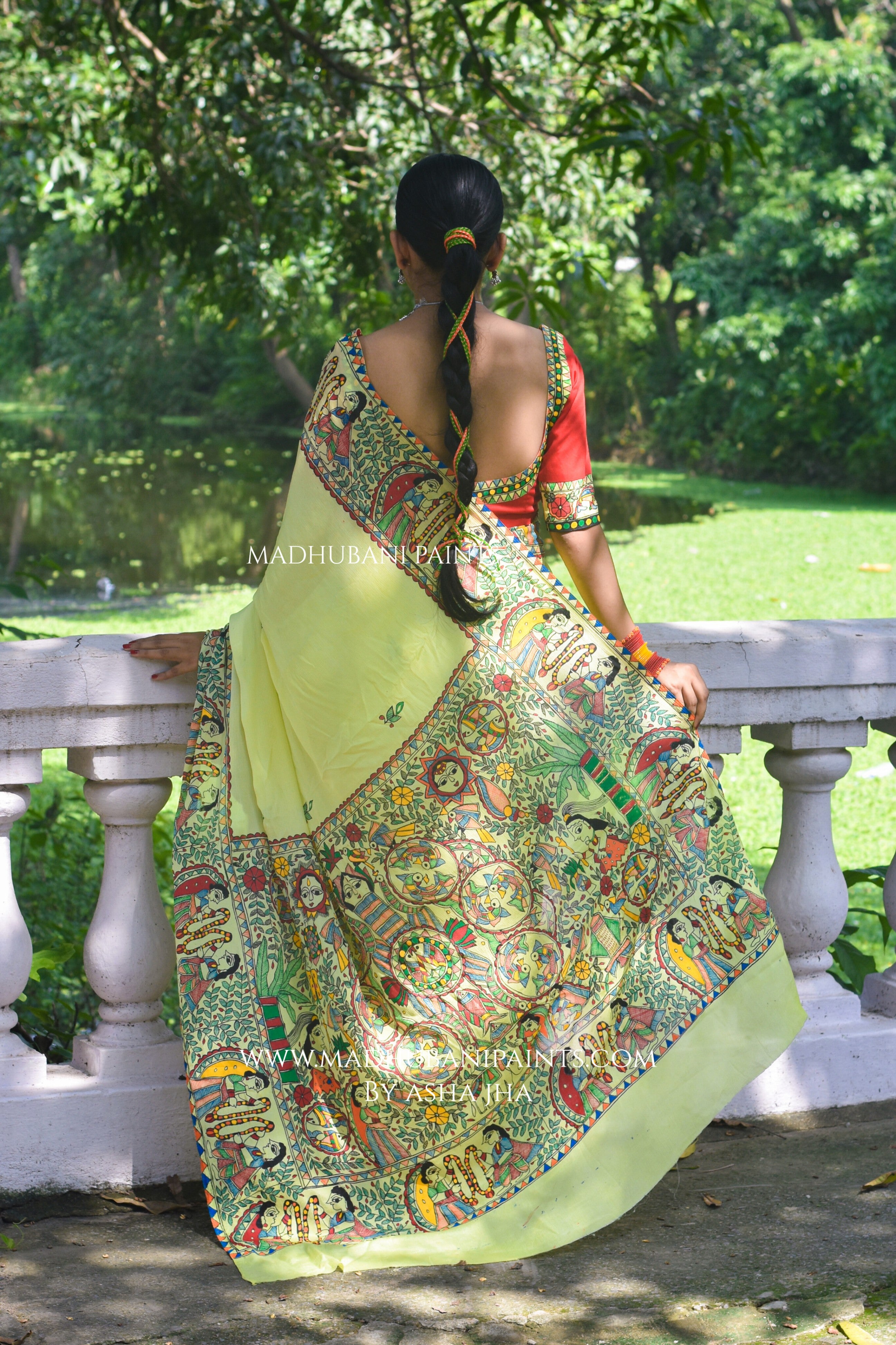 SWAYMBAR Hand-painted Madhubani Chiffon Saree Blouse Set – MADHUBANI ...