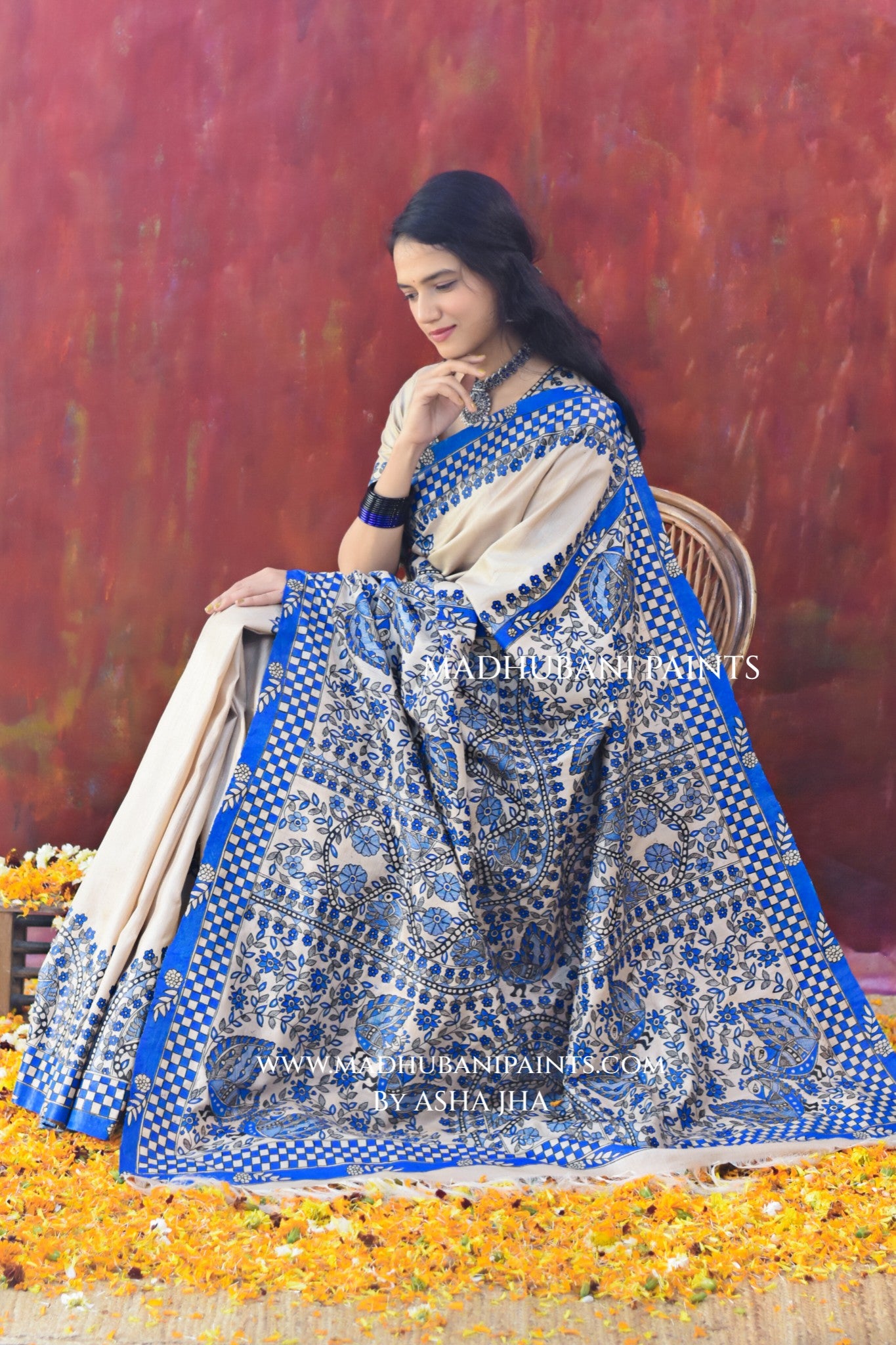 'NEELAKANTH' Tussar Silk Hand-Painted Madhubani Saree Blouse set