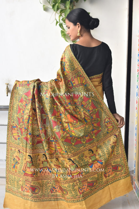 Gauna Mustard Madhubani Hand-painted Tussar Silk Saree