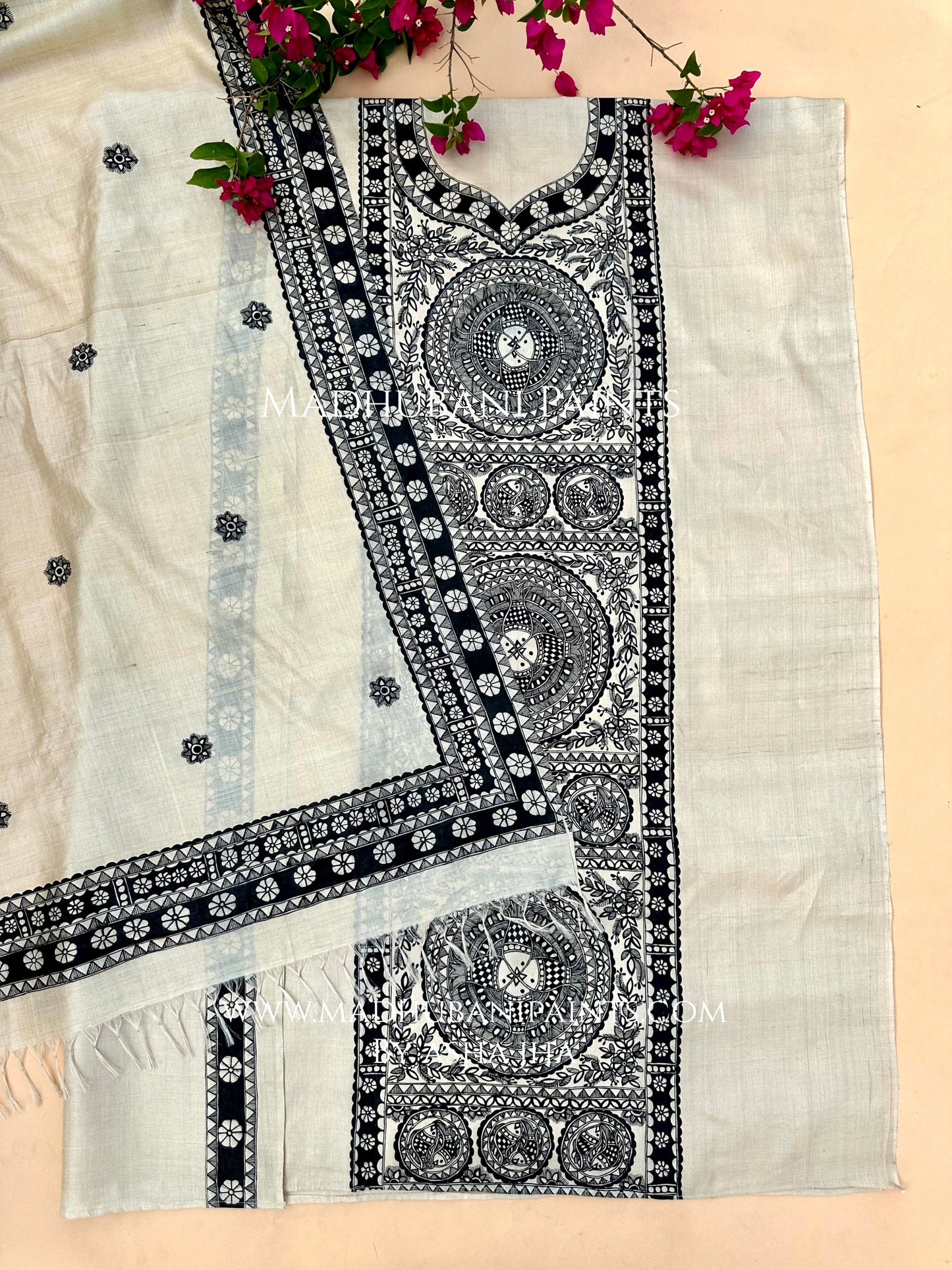 Black Phool Bharni Handpainted Unstitched Tussar Silk Kurta