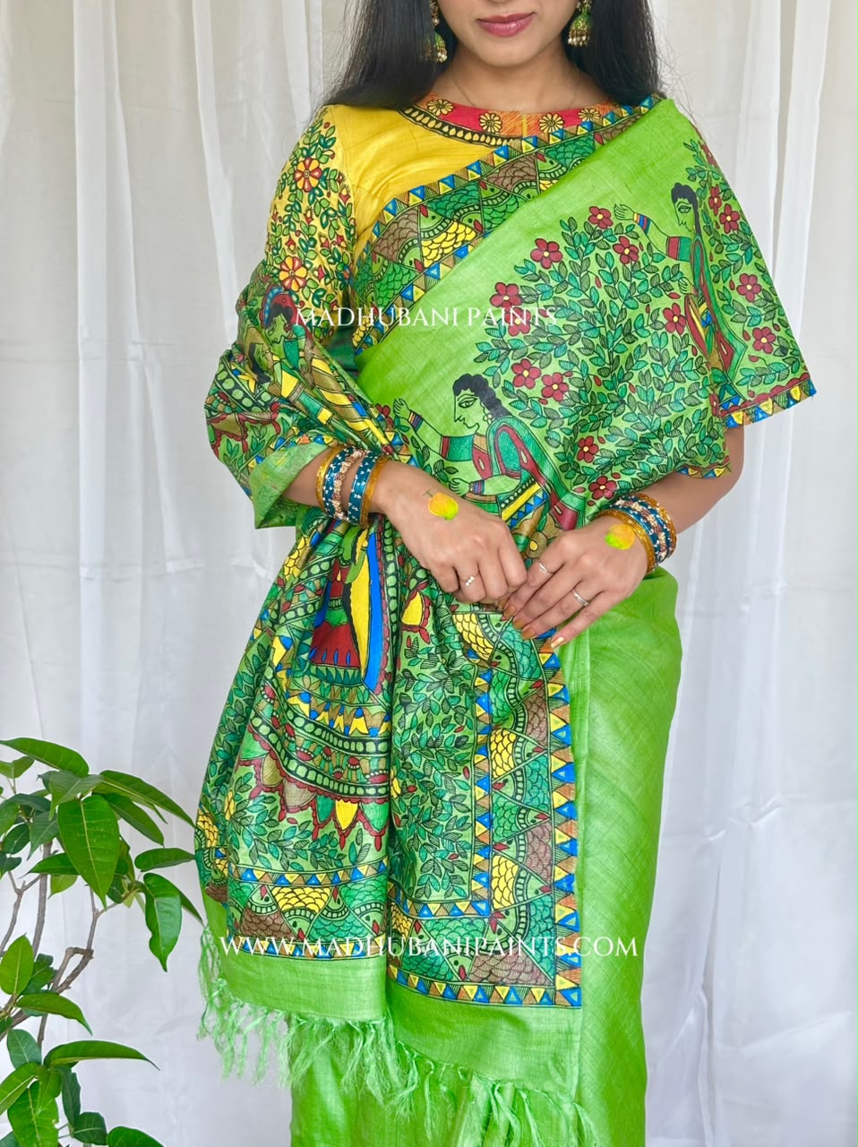 'Ammua Mahuwwa' Handpainted Madhubani Tussar Silk Saree
