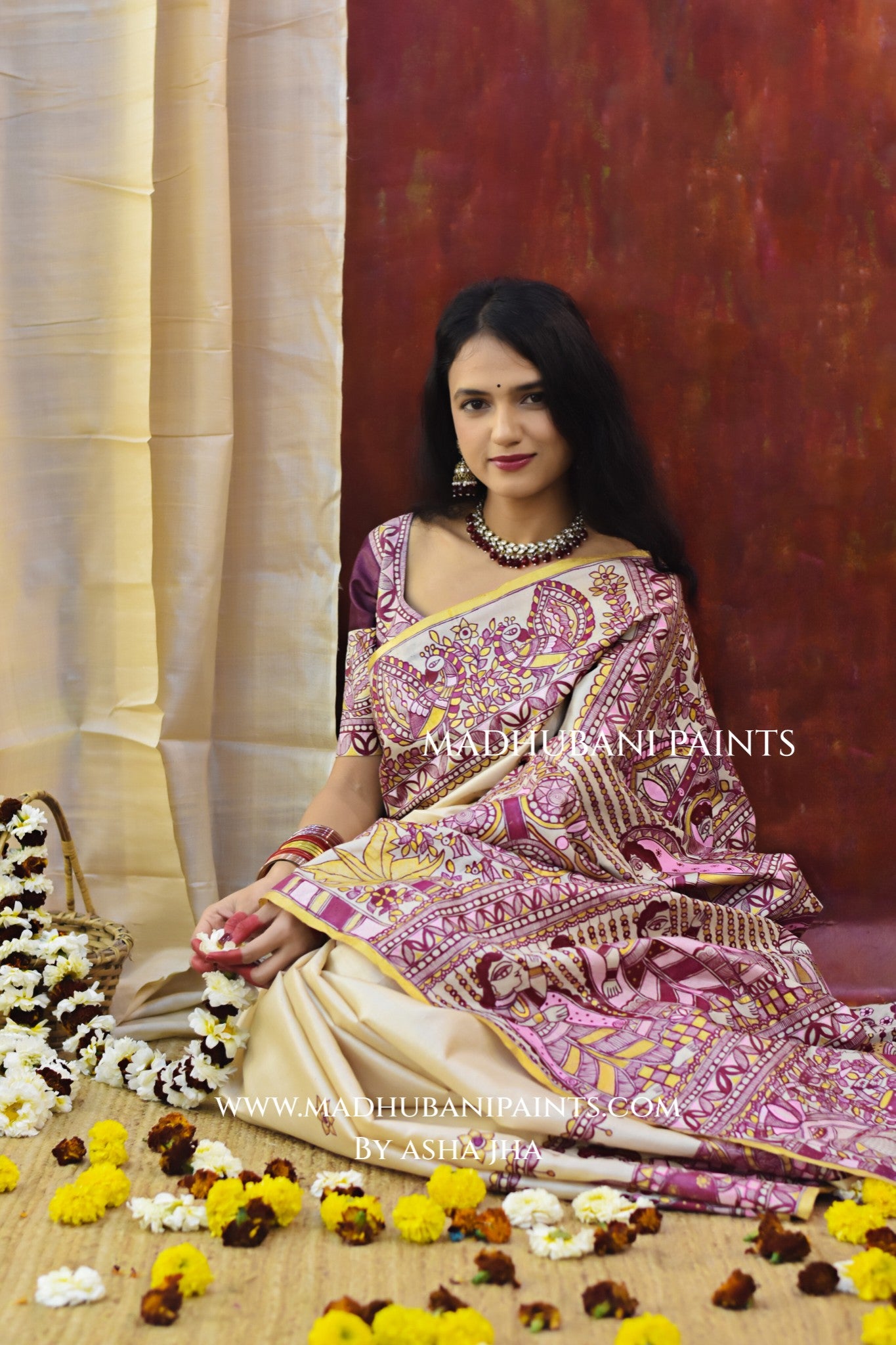 SUHAGIN Hand-painted Madhubani Tussar Silk Saree Blouse Set