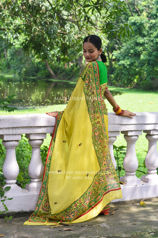 Pyaari Morni Hand-painted Madhubani Chiffon Saree Blouse Set