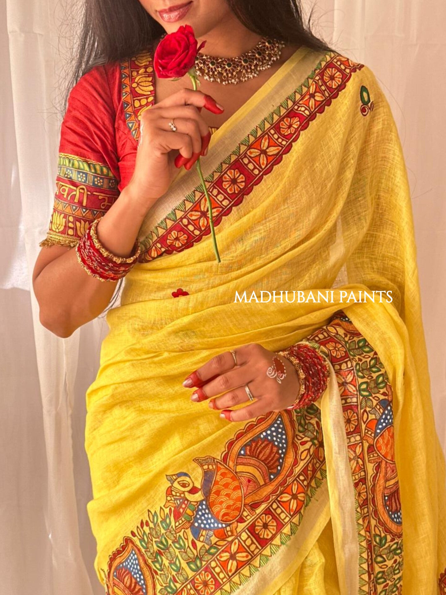 Linen Bridal Hand-painted Madhubani Painting Saree Blouse Set