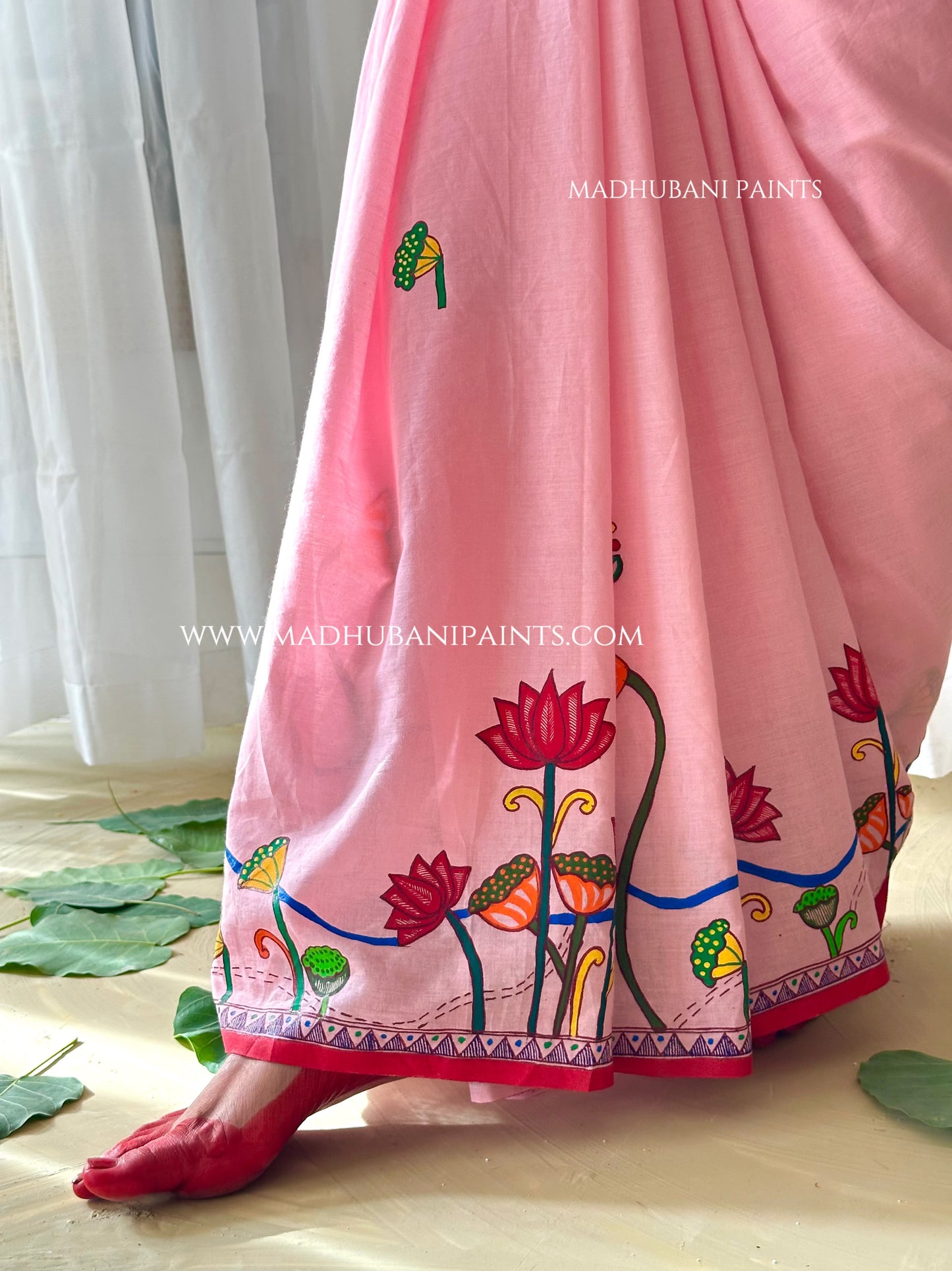 Madhushravani Pink Bridal Hand-painted Madhubani Painting Cotton Saree