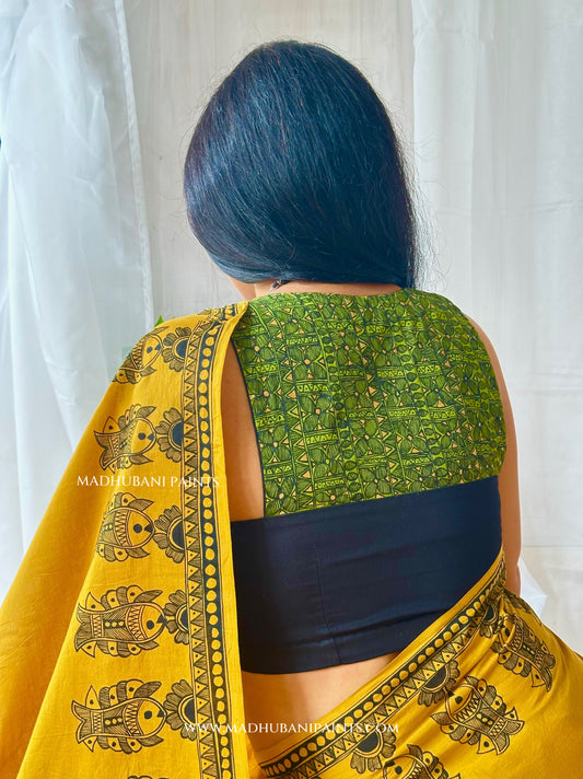 SAGAR Handpainted Madhubani Cotton Saree Blouse Set