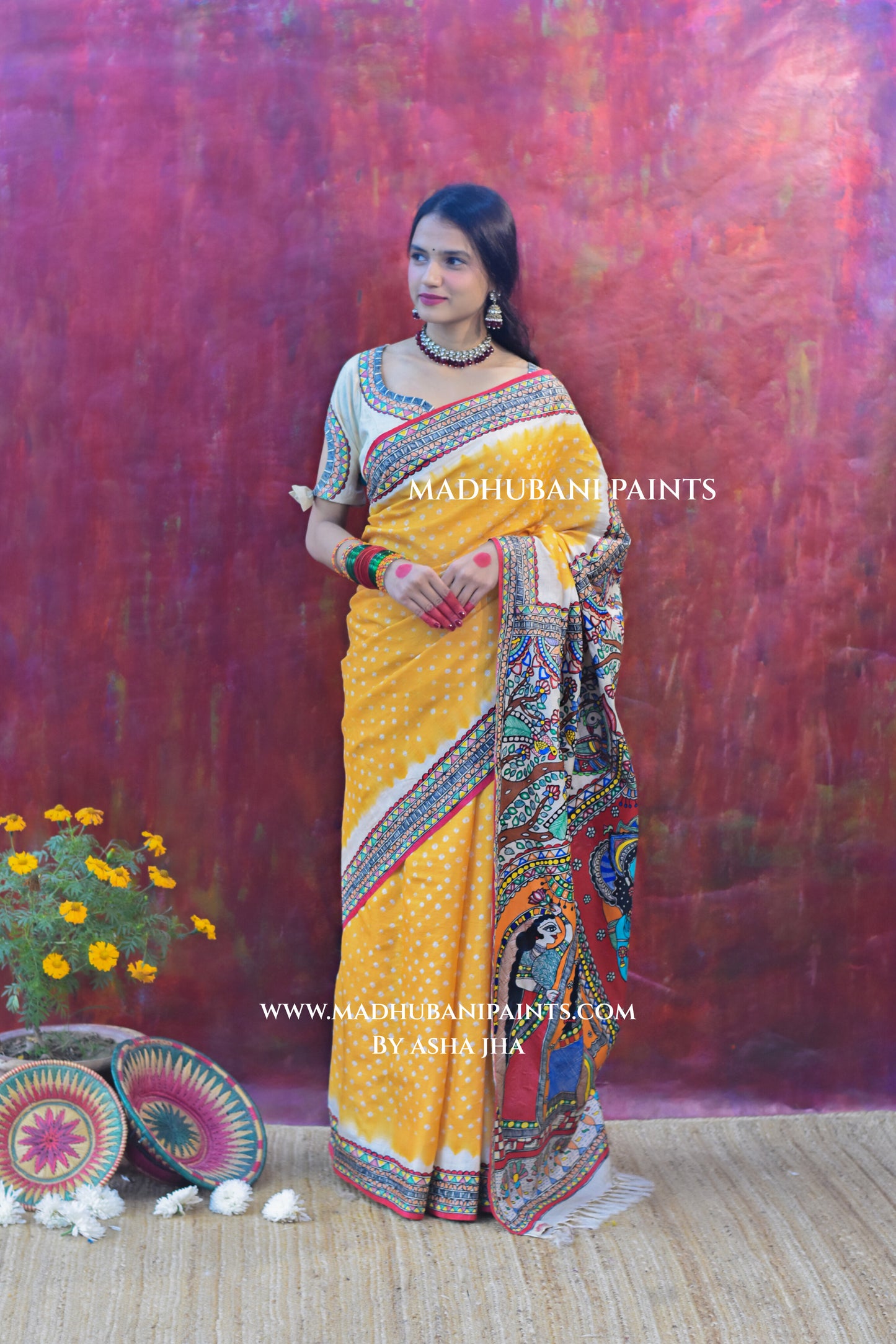 RAM SITA SWAYAMBAR Hand-painted Bandhini Tusaar Silk Saree Blouse Set