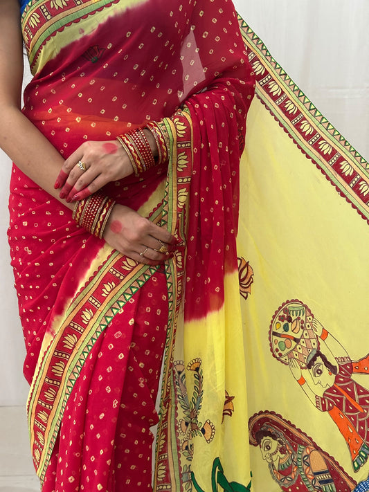 BHAKTI BHAVA Chhath Puja Hand painted Madhubani Bandhini Georgette Saree
