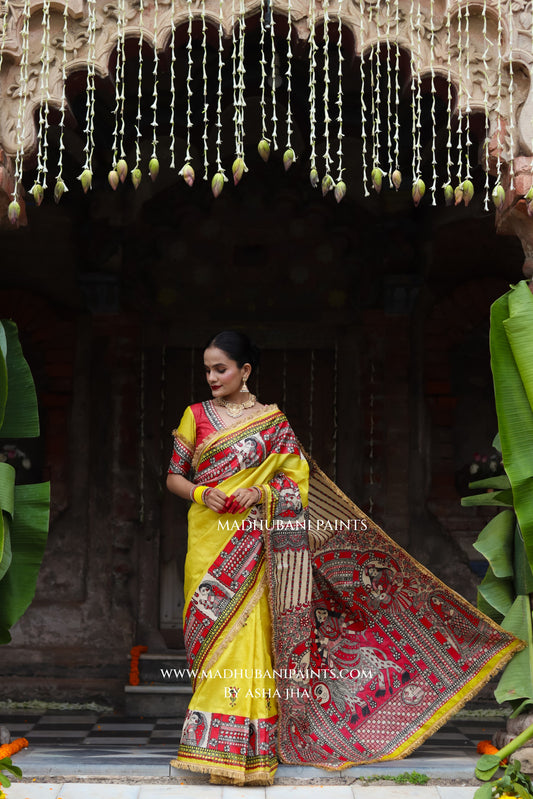 TARA Handpainted Tussar Silk Madhubani Saree