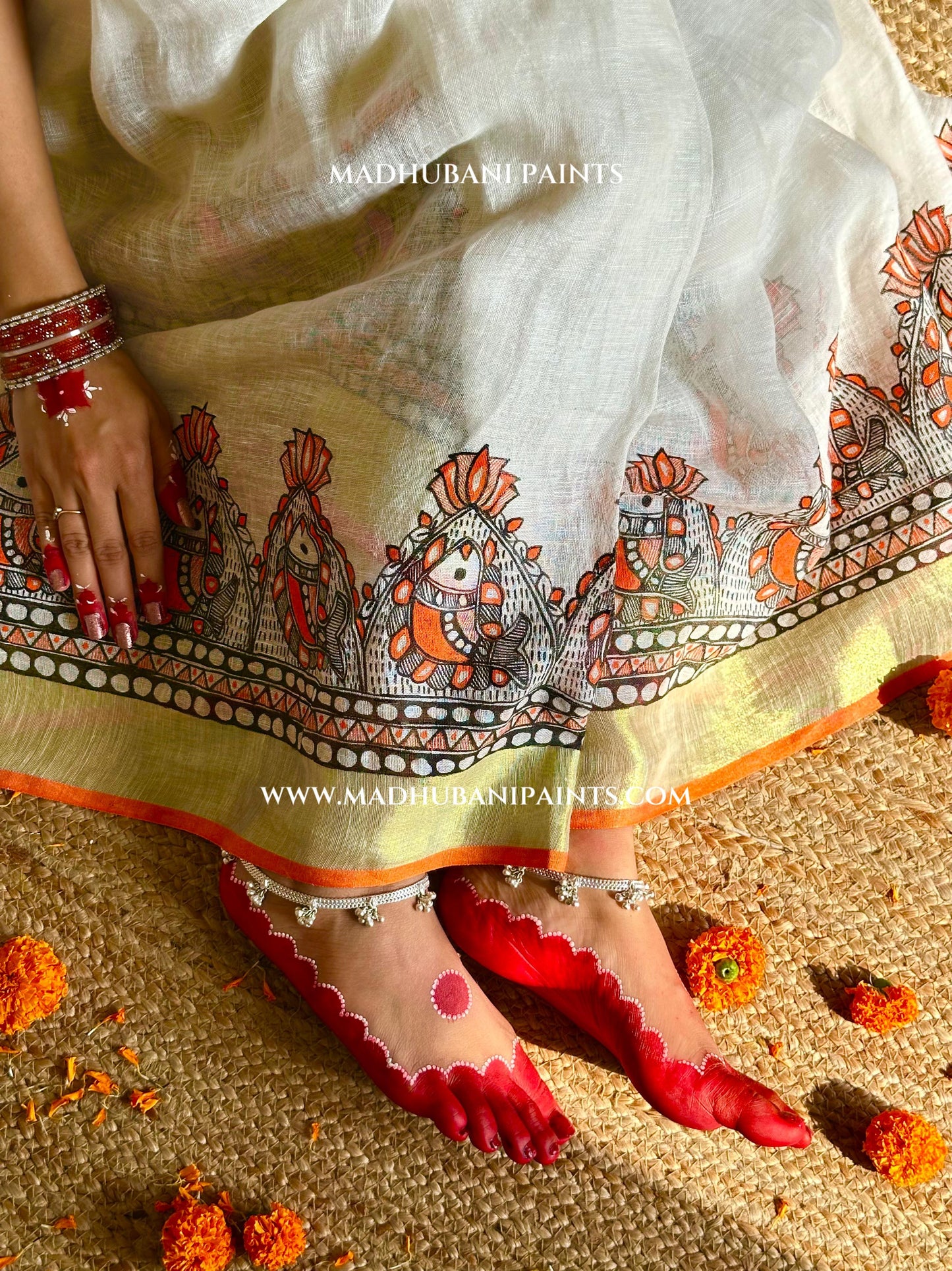 Linen Radha Krishna Hand-painted Madhubani Painting Saree