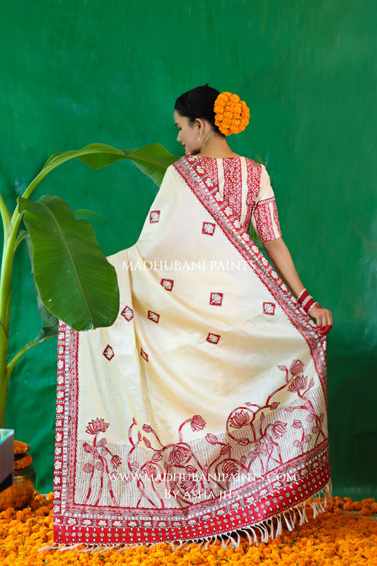 KAMALAKSHI Chhath Puja Handpainted Madhubani Tussar Silk Saree Blouse Set