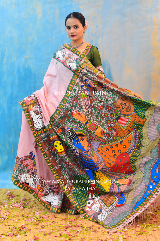 UMAMAHESHWAR ARDHNARISHWAR Hand-painted Madhubani Tussar Silk Saree Blouse Set