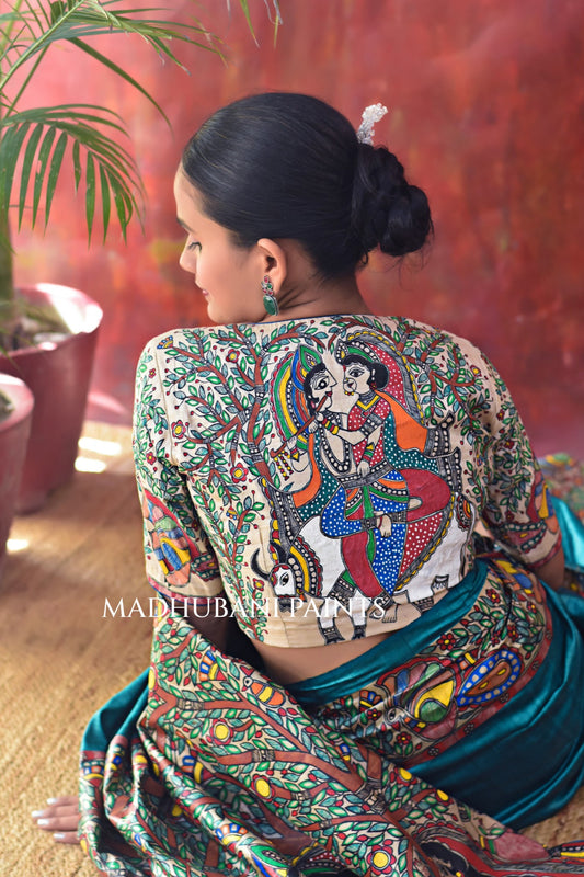 ANANDMAYI Handpainted Madhubani Tussar Silk Saree Blouse Set