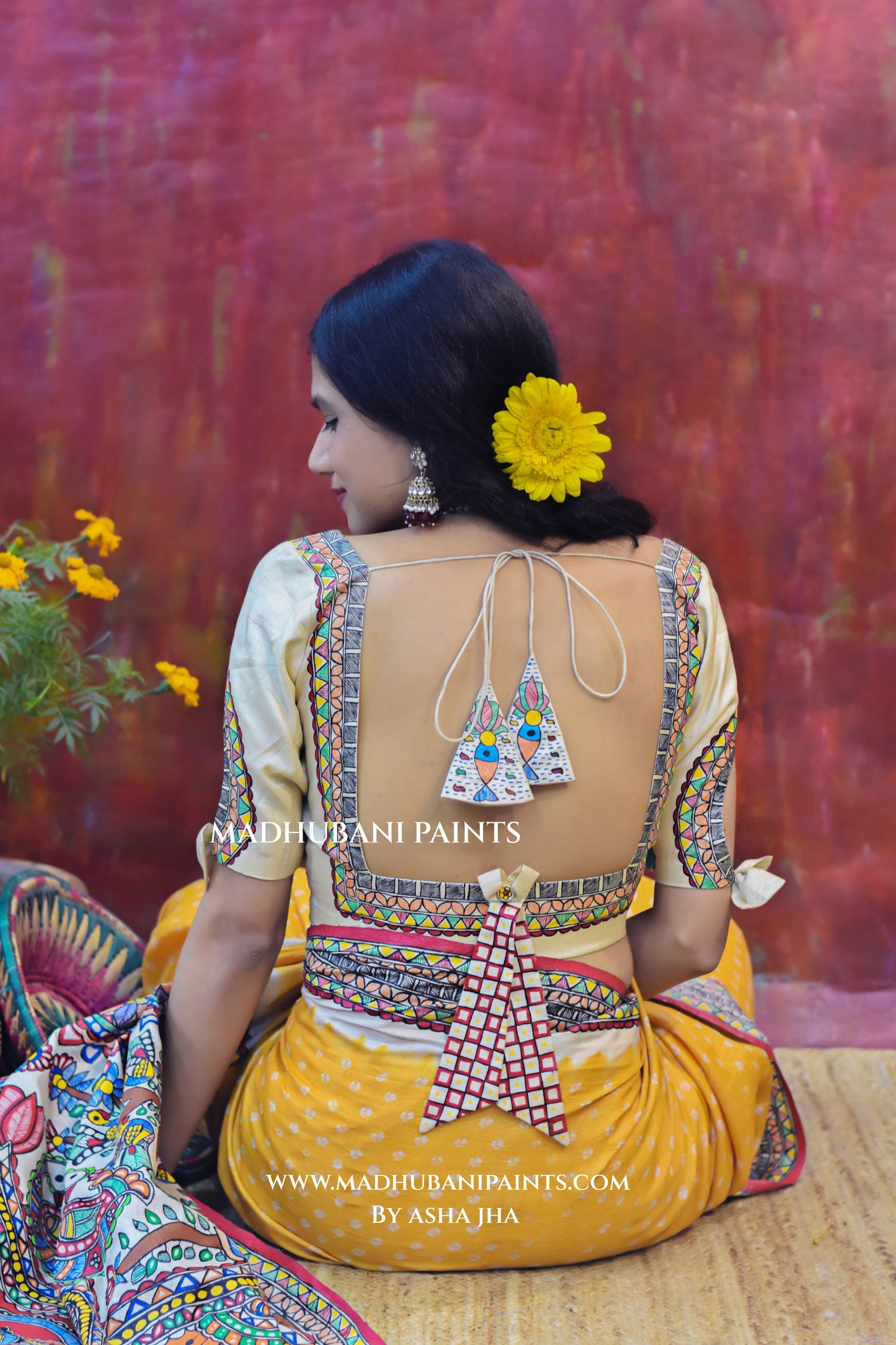 RAM SITA SWAYAMBAR Hand-painted Bandhini Tusaar Silk Saree Blouse Set