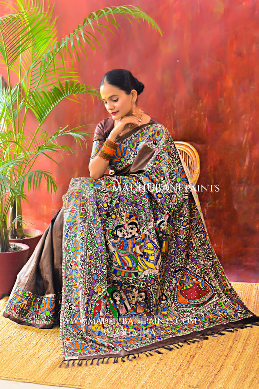 RADHA KRISHNA VRINDAVAN Hand-painted Madhubani Tussar Silk Saree