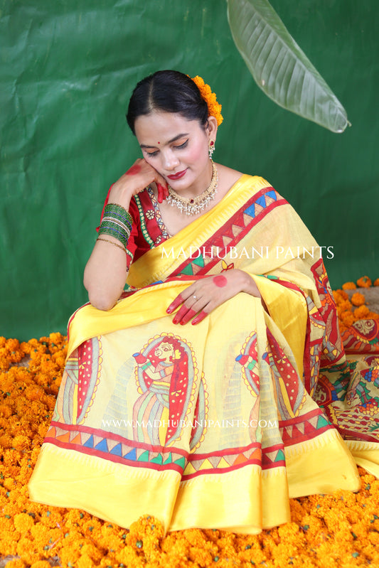 Chhath Puja Handpainted Madhubani Handloom Cotton Saree Blouse Set