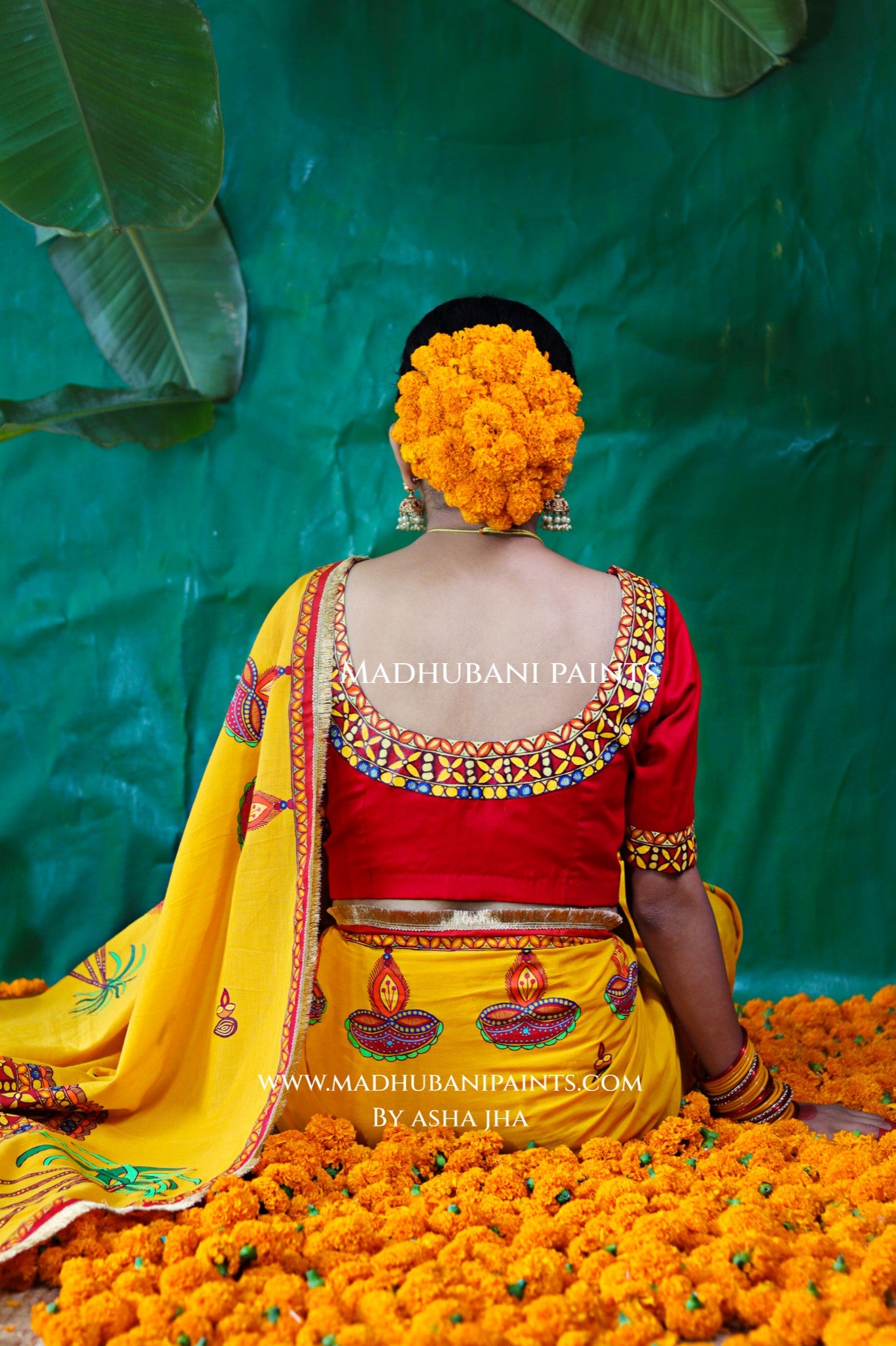 CHHATH PARV Hand painted Madhubani Mul Cotton Saree Blouse Set